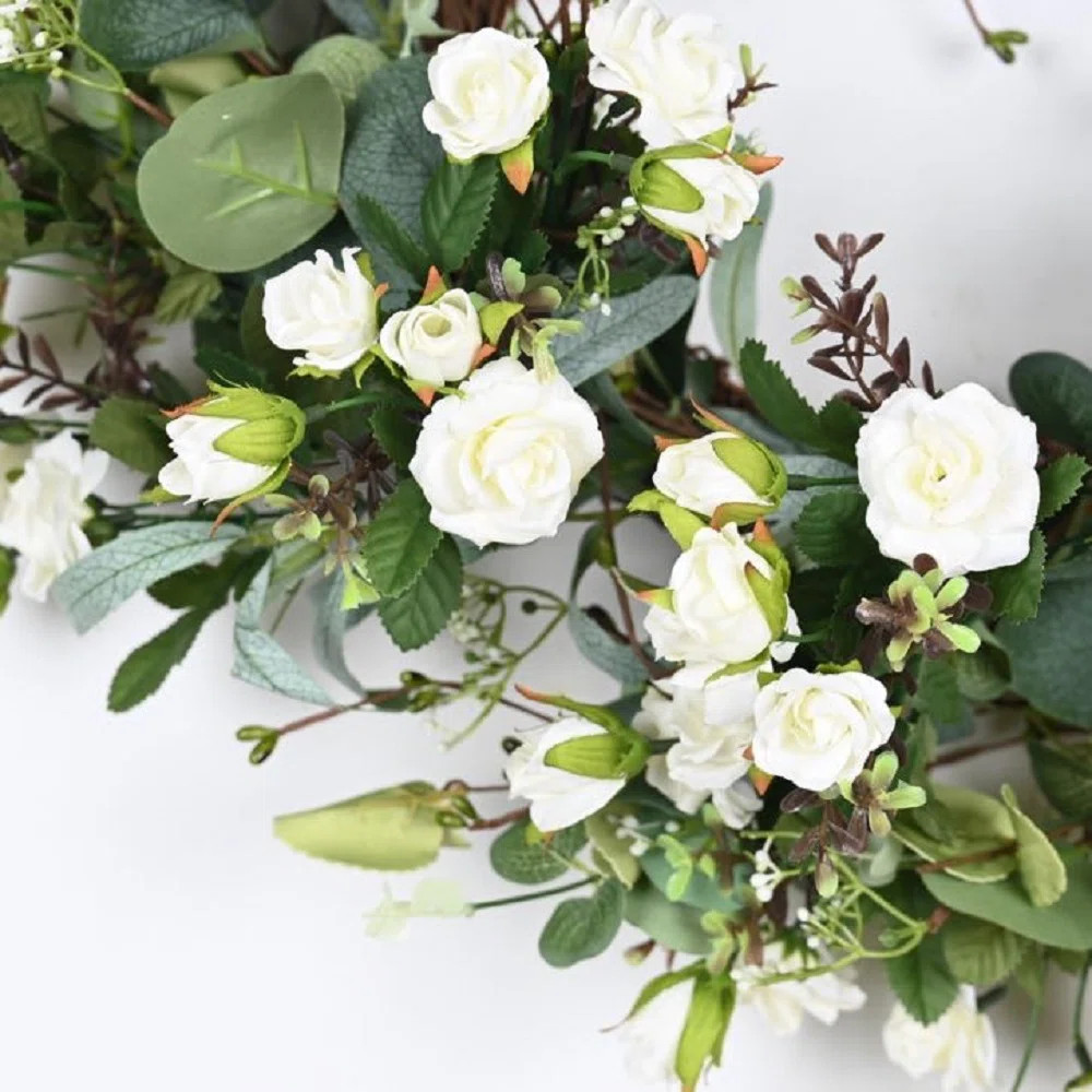 22" Artificial Farmhouse Spring Summer Blossoms Cluster Foliage Rose Floral Wreath For Front Door | Wayfair North America