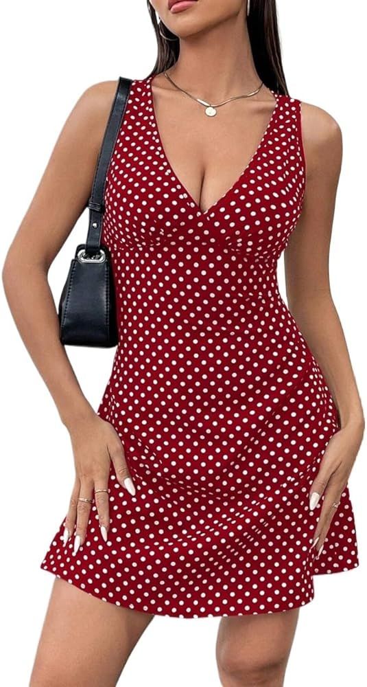 2024 Women's Sexy Dress Dot Printed Sleeveless Deep V Neck Dress | Amazon (US)