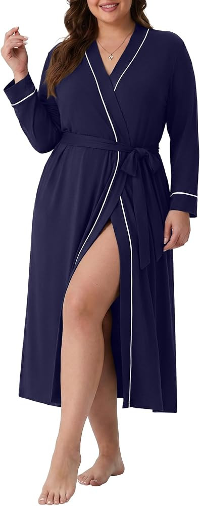 Womens Plus Size Robe Long Knit Bathrobe V Neck Loungewear | Amazon (US)