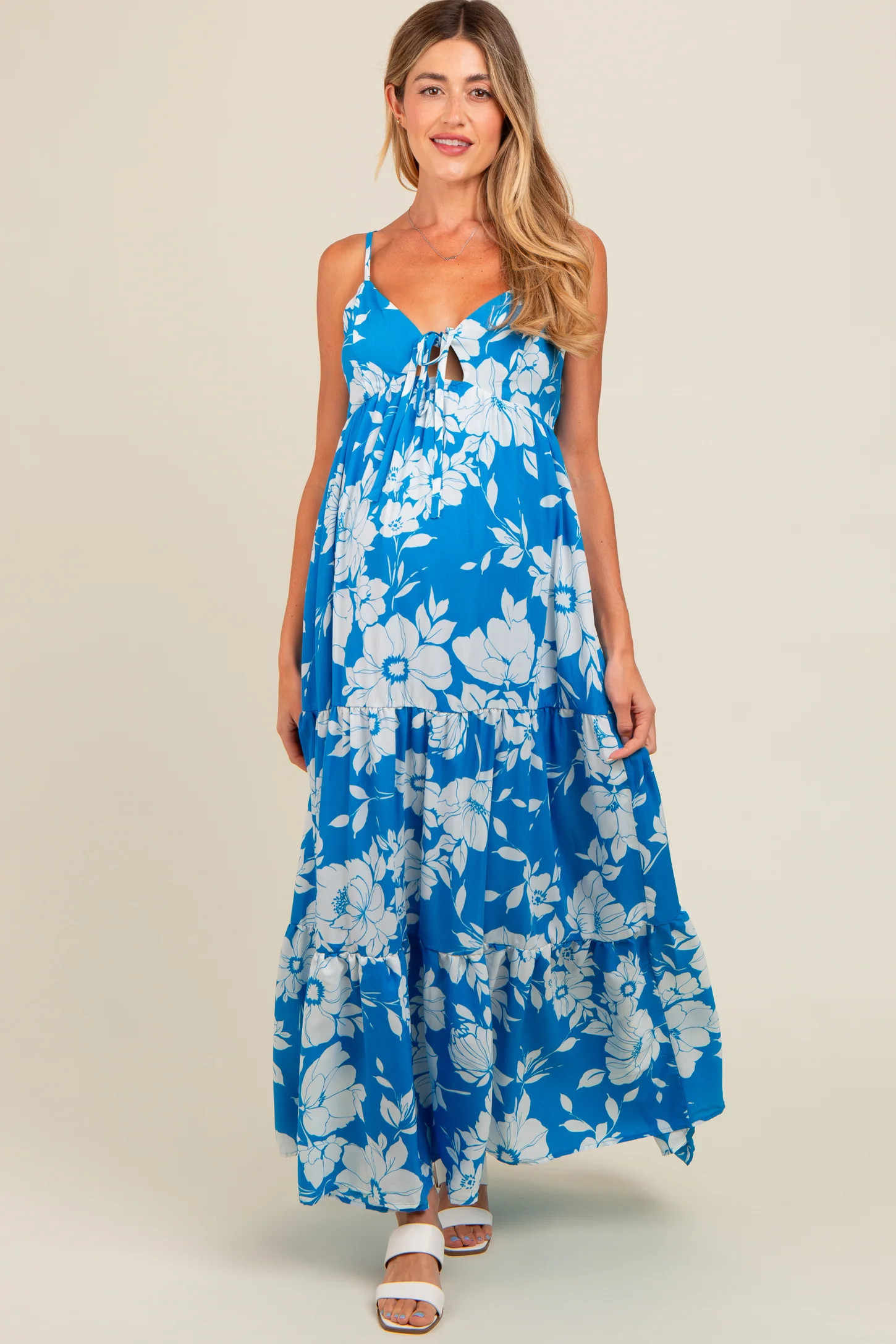 Royal Tropical Floral Open Back Maternity Maxi Dress | PinkBlush Maternity