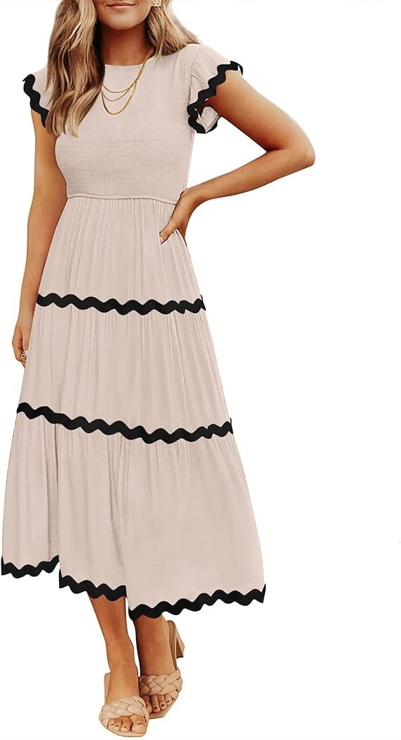 ZESICA Women's Summer Flutter Short Sleeve Smocked Midi Dress 2024 Casual High Waist Rickrack Tie... | Amazon (US)