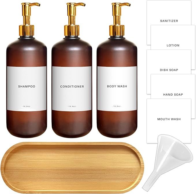 Soap Dispenser Bottles, Shampoo and Conditioner Dispenser, Set of 3 Modern Refillable Dispenser B... | Amazon (US)