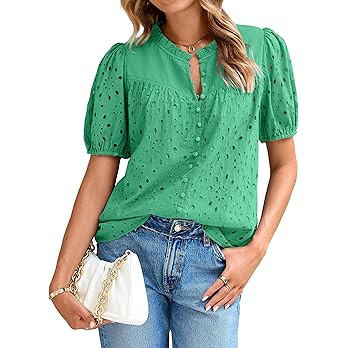 Glamaker Womens Summer Tops Blouse 2026 Casual Eyelet Embroidered Short Puff Sleeve Lace Hollow O... | Amazon (US)