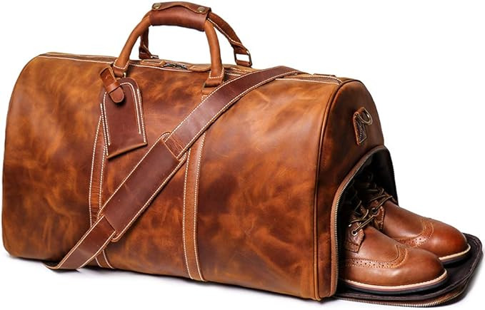 24 Inch Leather Travel Weekend Luggage Bag with Ykk Zipper Mens Duffle Retro Carry on Handbag (Br... | Amazon (US)