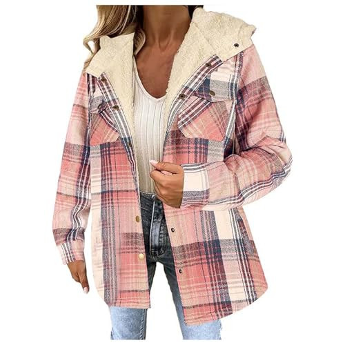 LVOFTJU Flannel Jacket Women,Womens Fuzzy Plaid Flannel Jacket Winter Fashion Fleece Button Down Sherpa Hooded Teddy Warm Jackets Coats,A010 Pink,Large | Amazon (US)