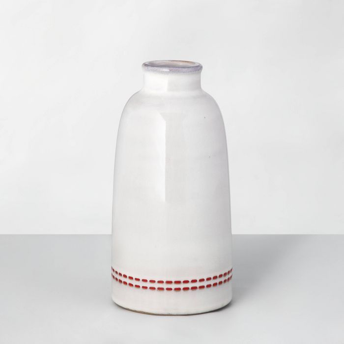 8" Dash Stripe Stoneware Decor Vase Red/Sour Cream - Hearth & Hand™ with Magnolia | Target