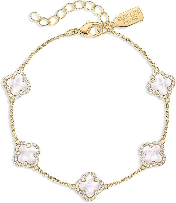 Mini Icon Bracelet for Women, White Mother of Pearl Clover on 14k Gold Plated Chain Bracelet, Adj... | Amazon (US)