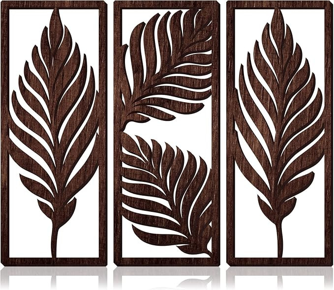 3 Pcs Boho Wooden Art Wall Decor Leaf Sign Wall Accent Rustic Palm Leaf Wood Art Wall Hanging Scu... | Amazon (US)