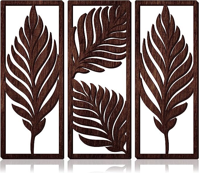 3 Pcs Boho Wooden Art Wall Decor Leaf Sign Wall Accent Rustic Palm Leaf Wood Art Wall Hanging Scu... | Amazon (US)