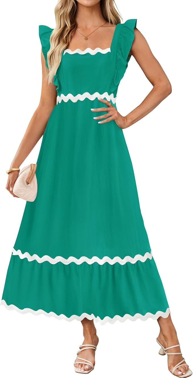ZESICA Women's Summer Sleeveless Ruffle Dresses Square Neck Backless Boho Flowy Maxi Sundress wit... | Amazon (US)