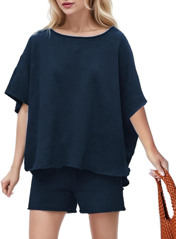 Women 2 Piece Outfits Lounge Set Plus Size Short Top Knit Pj Loungewear Pajama Sets Matching Sets... | Amazon (US)