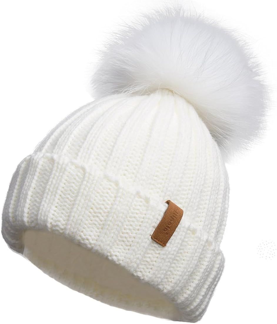 Pilipala Womens Knit Beanies Hats with Fur Pom Bobble Hat Skull Cap Cable Beanie for Women | Amazon (US)