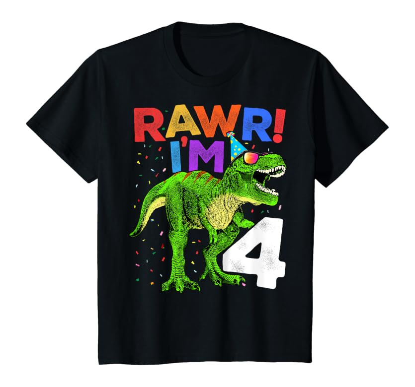 Kids Roar Rawr I'm Four Saurus T Rex Dinosaur 4th Birthday Boys 4 T-Shirt | Amazon (US)
