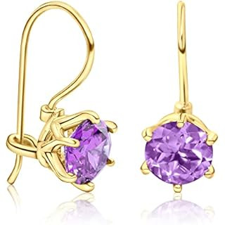14K Gold Amethyst Earrings - 14K Solid Yellow Gold Dainty Dangle Drop Earrings, Elliptic Oval Feb... | Amazon (US)