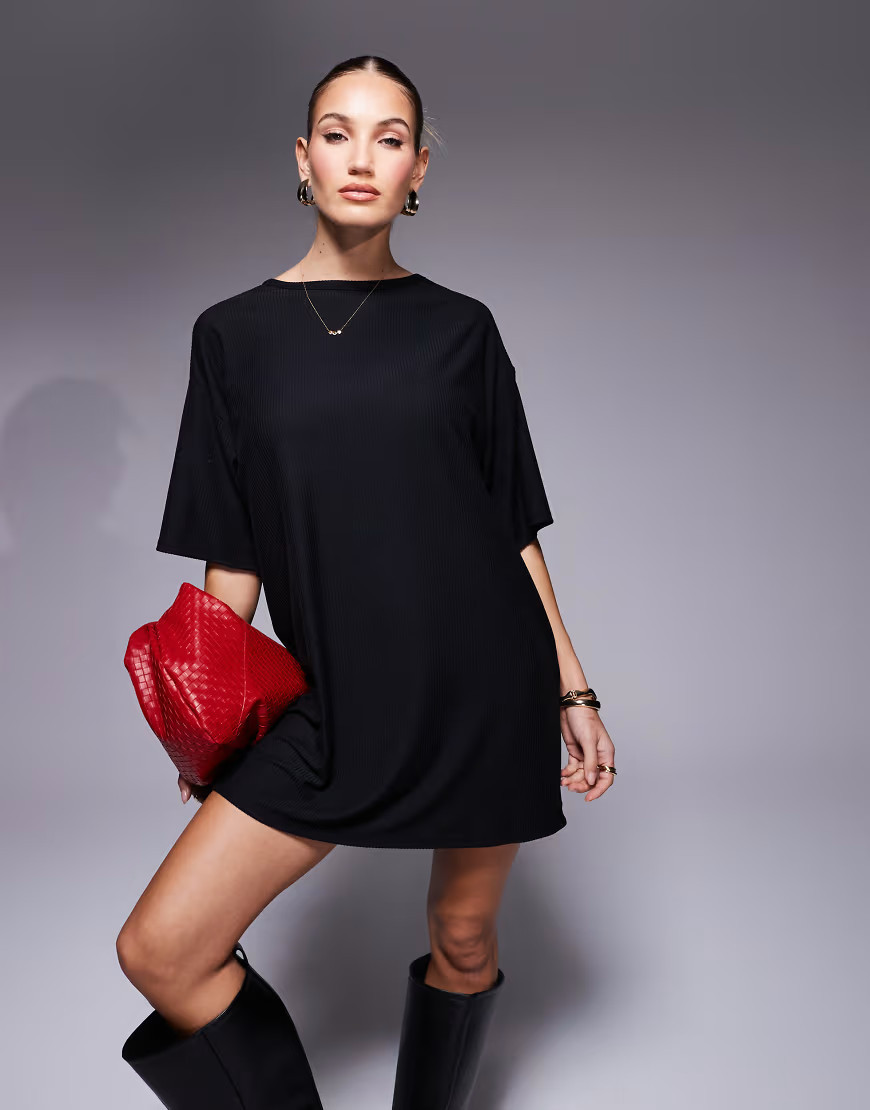 ASOS DESIGN ribbed T shirt mini dress in black | ASOS (Global)