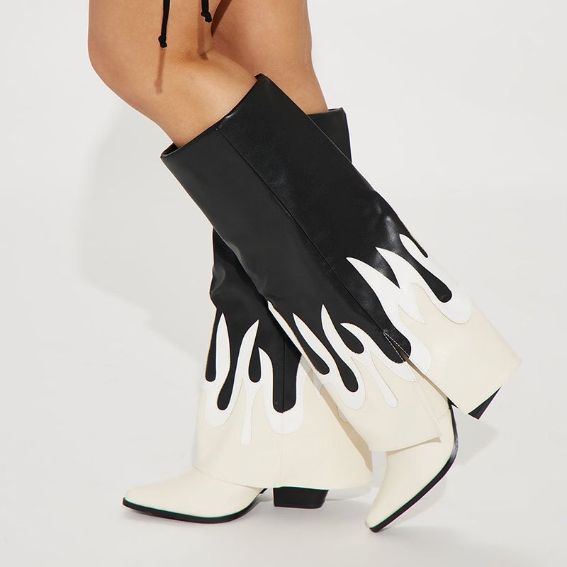 Black and White Contrast Fold-Over Wide Calf Western Boots with Chunky Heel | Pointed Toe | FSJshoes