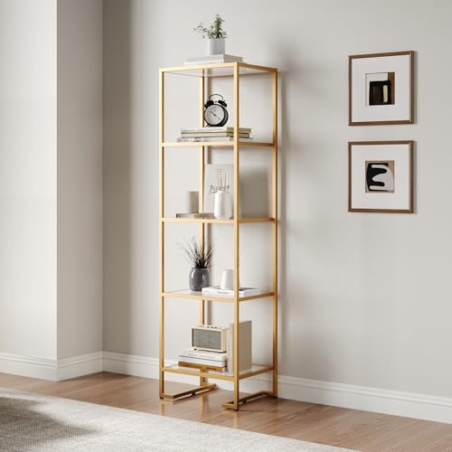 Furnify 5-Tier Glass Bookshelf, Tempered Glass Display Shelf, Modern Open Shelf Bookshelf, Slim Shelving Unit Bookcase for Living Room, Home Office, Bedroom, Golden | Amazon (US)