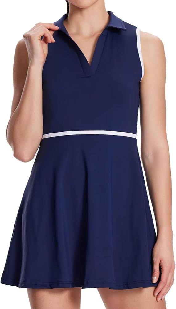 Women's Tennis Dress with Detachable Pocket Shorts, Convertible V-Neck & Polo Collar for Golf Gym | Amazon (US)