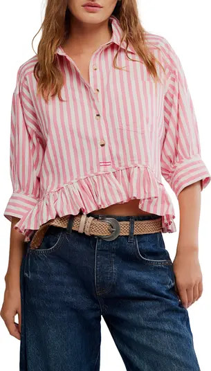 Bailey Stripe Ruffle Hem Cotton Button-Up Shirt | Nordstrom