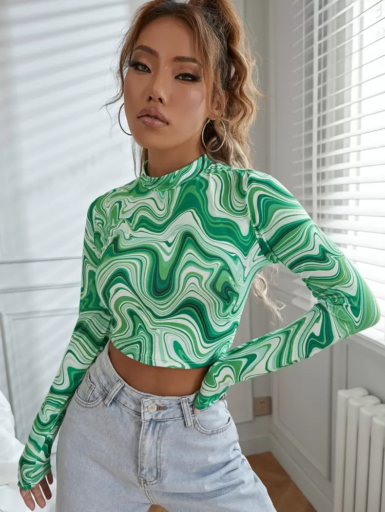 Marble Print Mock Neck Crop Tee | SHEIN