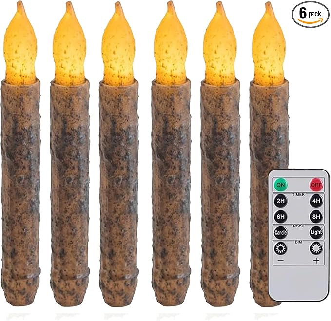 6.5'' Real Wax Primitive Candles Hand Dipped Rustic Flameless Taper Candle with Timer Remote for ... | Amazon (US)