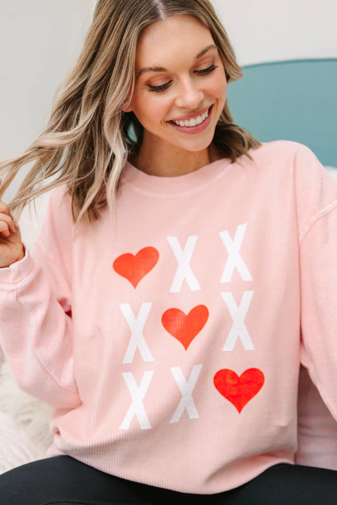 X's and O's Blush Pink Graphic Corded Sweatshirt | The Mint Julep Boutique