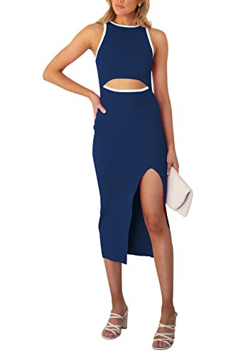 Pink Queen Women's Cutout Dresses for Women Sexy Sleeveless Knee Length Party Slim Ribbed Midi Dress Navy S | Amazon (US)
