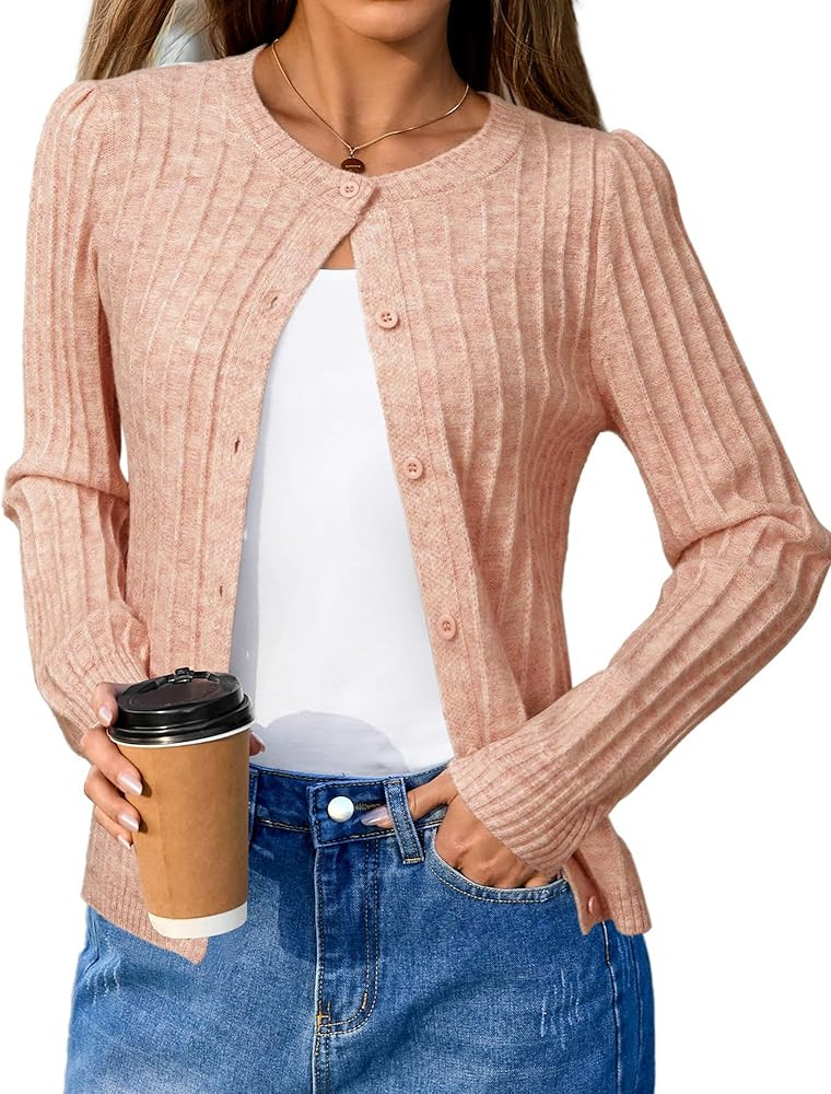 Arach&Cloz Womens Wool Blend Puff Sleeve Fall Cable Knit Cardigan Sweaters 2025 | Amazon (US)