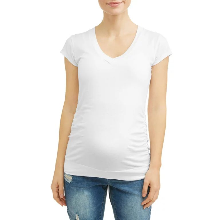 Oh! Mamma Maternity Basic V-Neck Tee With Flattering Side Ruching (Women's and Women's Plus) | Walmart (US)