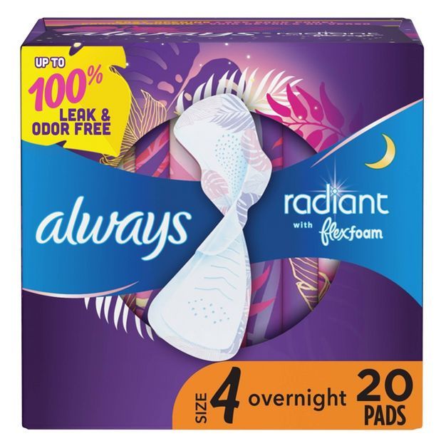 Always Radiant Overnight Sanitary Pads with Wings - Scented | Target