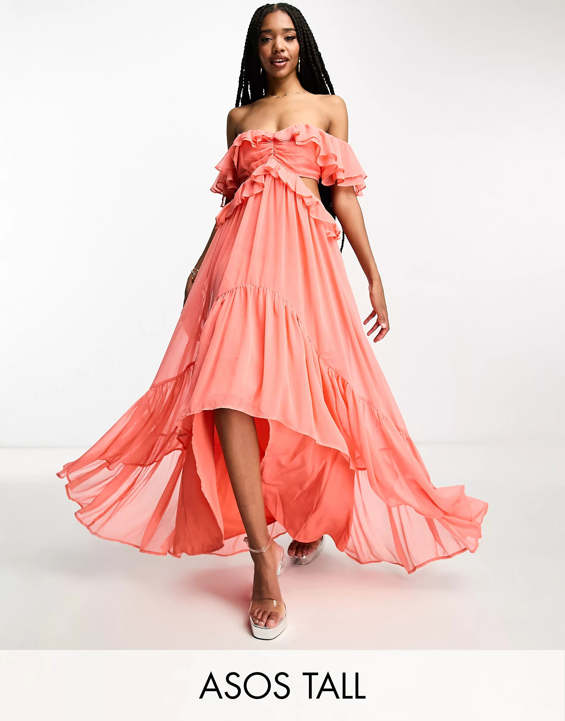 ASOS DESIGN Tall ruffle cut out off the shoulder maxi dress with hi low hem in coral | ASOS (Global)