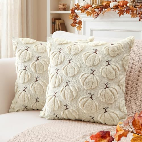Artscope Pumpkin Fall Throw Pillow Covers 20x20 Set of 2, Autumn Soft Plush Faux Fur Decoration Cushion Covers for Thanksgiving Holiday Couch Sofa Bedroom Home Decor-Beige | Amazon (US)