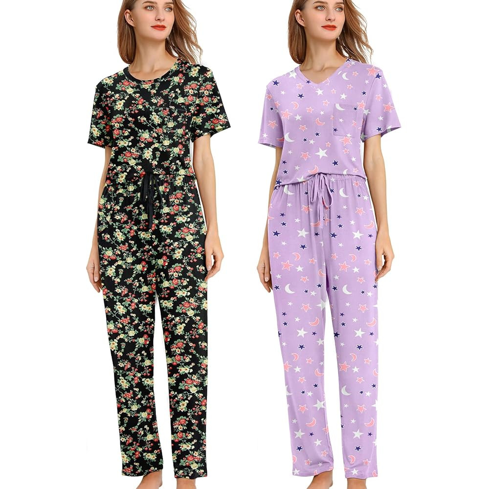 2 Pack: Womens Pajama Set Short Sleeve Tops with Long Pants PJ Set Soft Lounge Sets for Women | Amazon (US)