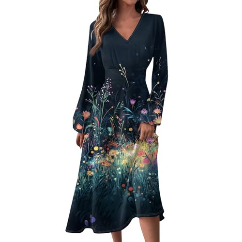 Spring Dresses for Women 2025 Wedding Guest Summer Easter Teens Maxi Long Sleeve Dress Plunging Neckline Teenagers Cute Party Plus Size Bride Skater Navy,L | Amazon (US)