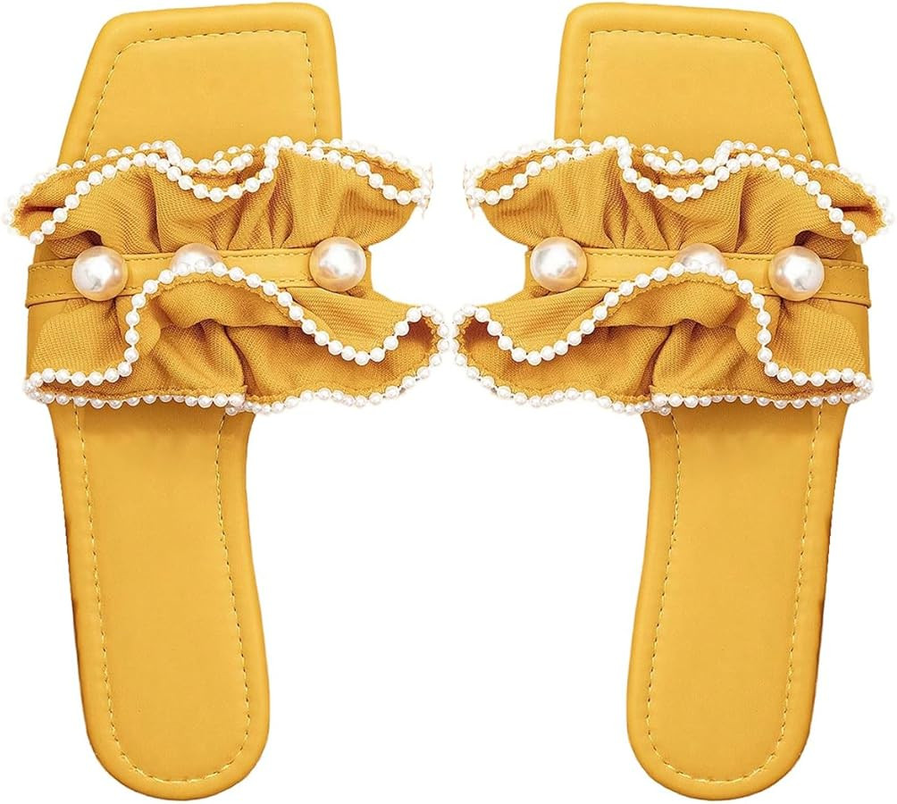 Verdusa Women's Ruffle Pearl Sandals Wedding Square Toe Slip on Slides Summer Slippers | Amazon (US)