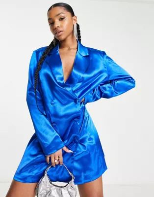 Urban Revivo long sleeve satin blazer mini dress in blue | ASOS (Global)