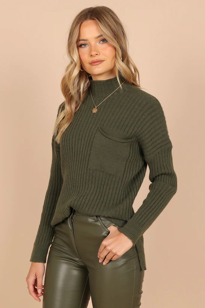 Alyssa Crewneck Oversized Pocket Knit Sweater - Olive | Petal & Pup (US)