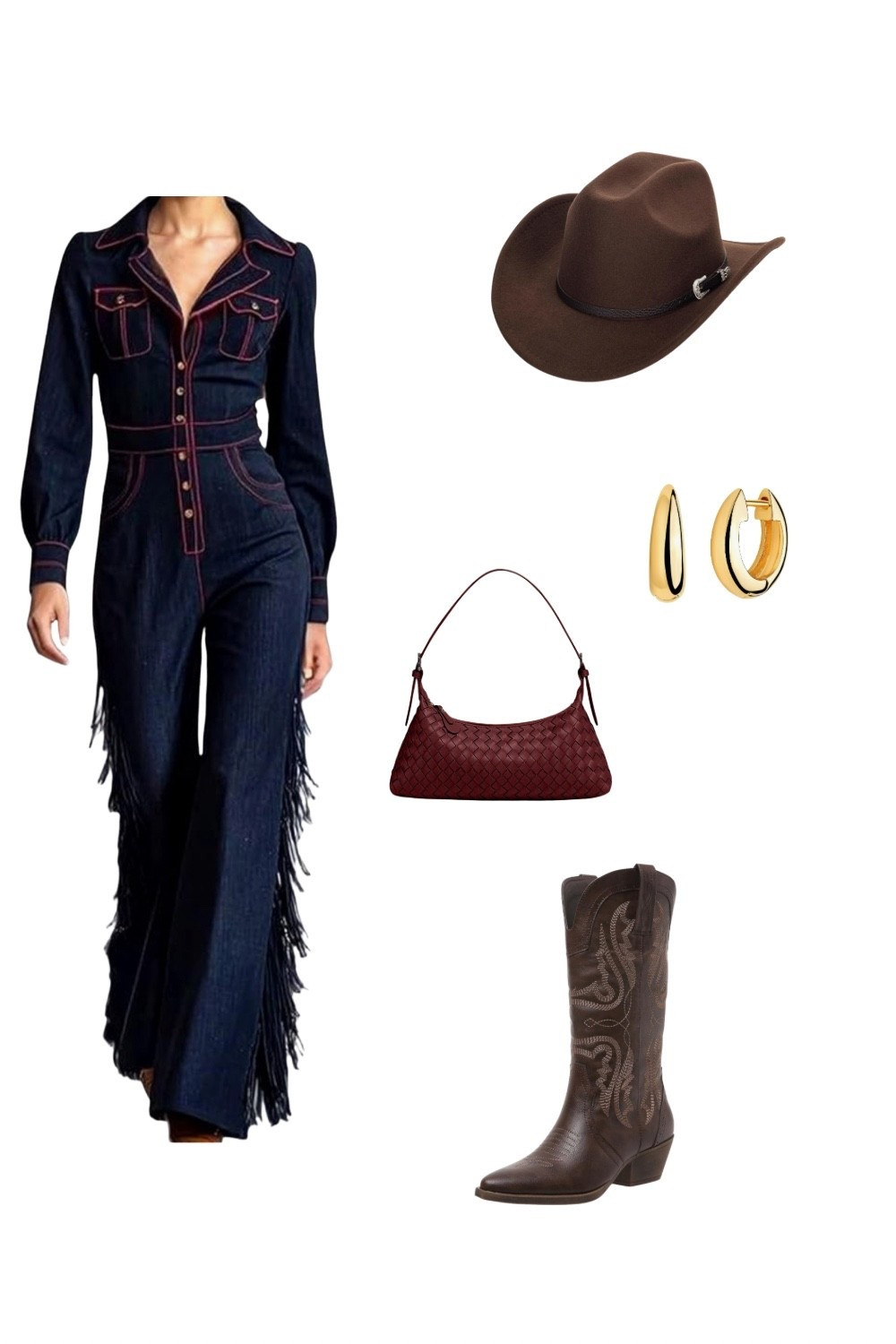 Barn Jacket
Cowgirl meets high fashion — this dark denim jumpsuit with fringe details and cowboy boots delivers a bold Western-inspired edge. Complete the look with gold jewelry, a maroon bag, and a statement hat. Perfect for concerts, fall festivals, or a weekend getaway. #WesternStyle #CowgirlChic #FringeFashion #FallTrends #BohoGlam


#LTKStyleTip #LTKSeasonal #LTKHoliday