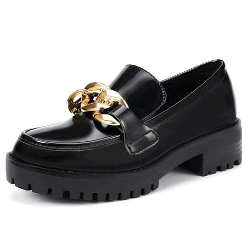 IDIFU Black Platform Loafers for Women Dressy with Metal Chain Slip On Low Chunky Block Lug Sole Heeled Penny Loafers Formal Fall Round Toe Dress Shoes Office Work Church Loafers Shoes(Black Pu, 9.5) | Amazon (US)