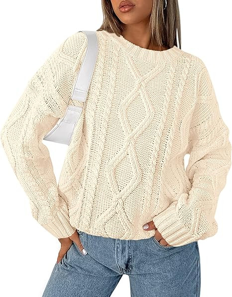 BTFBM Casual Women Long Sleeve Sweater 2024 Fall Ribbed Knit Pullover Loose Crewneck Cable Sweate... | Amazon (US)