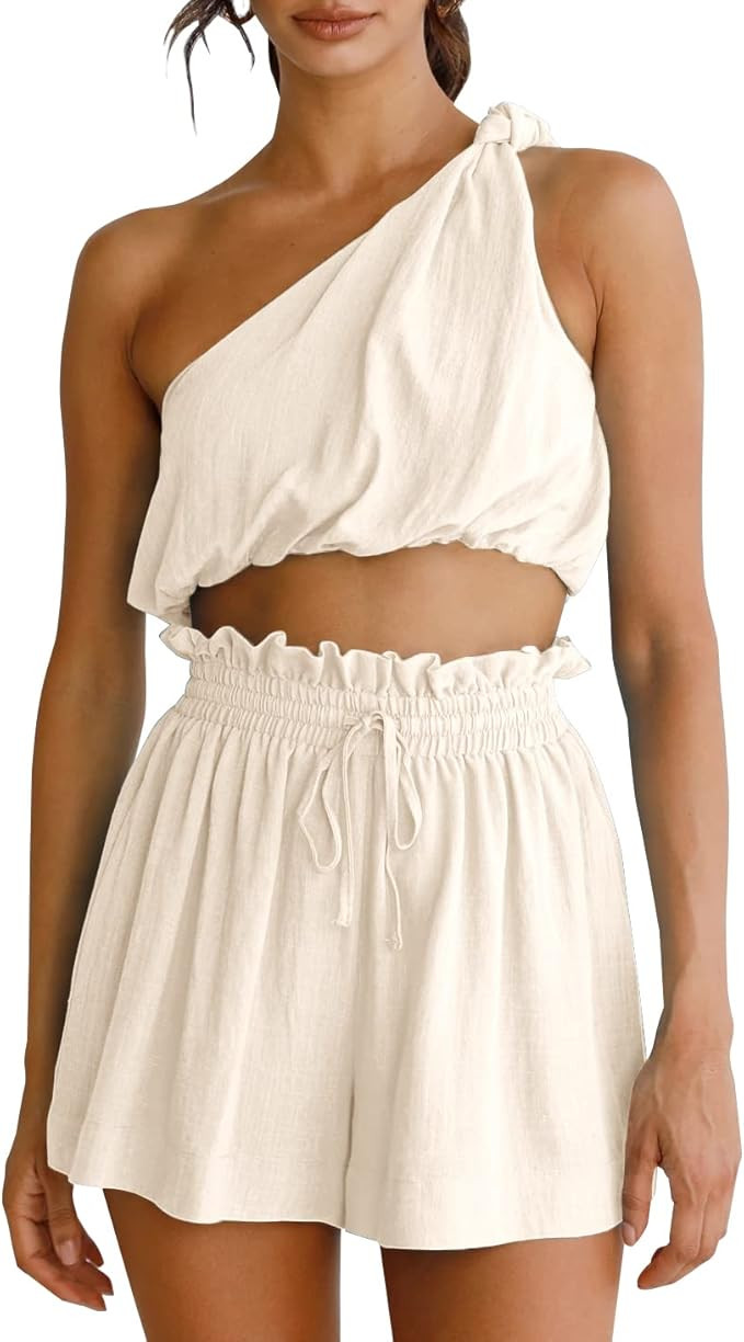 Imily Bela Womens 2 Piece Outfits Linen Matching Sets Two Piece Crop Tops and Paper Bag Waist Sho... | Amazon (US)