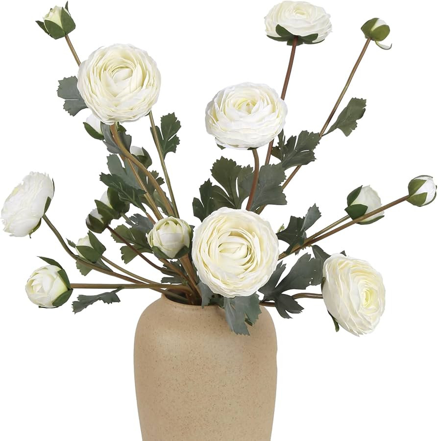 White Artificial Peonies 2 Bouquets Fake Ranunculus White Silk Flowers 18Heads Vintage White Fake Flowers Faux Ranunculus for Artificial Centerpiece Home Table Dining Room Decor (White) | Amazon (US)