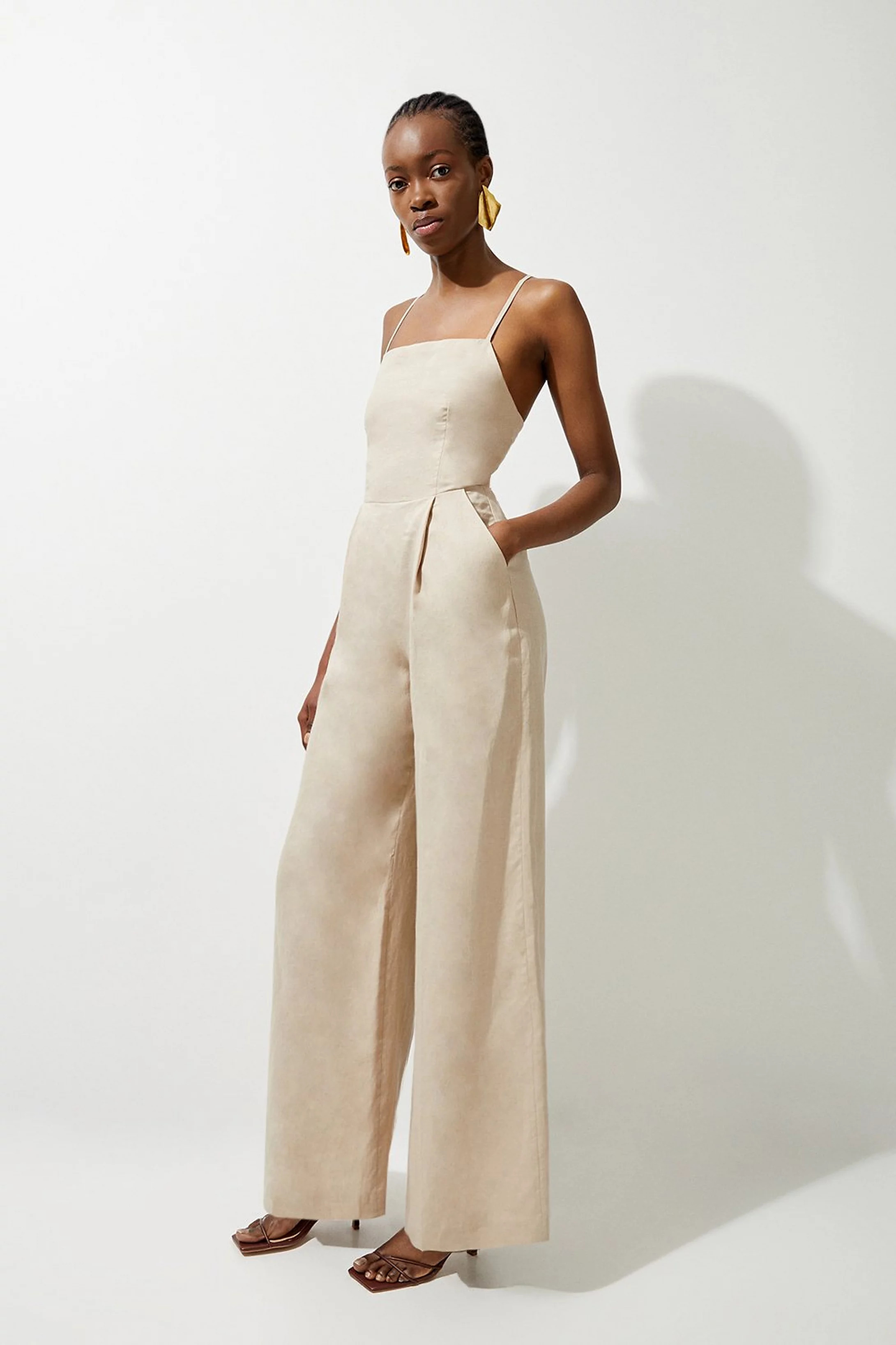 Premium Linen Tailored Halterneck Corset Back Wide Leg Jumpsuit | Karen Millen UK + IE + DE + NL