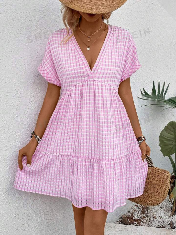 SHEIN LUNE Gingham Print Batwing Sleeve Ruffle Hem Smock Dress | SHEIN