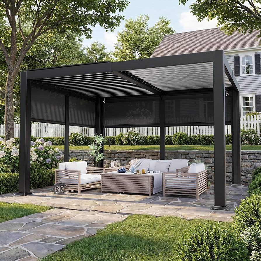 10'x12' Louvered Pergola with Pull-Down Screens Outdoor Aluminum Pergola with Adjustable Roof and... | Amazon (US)