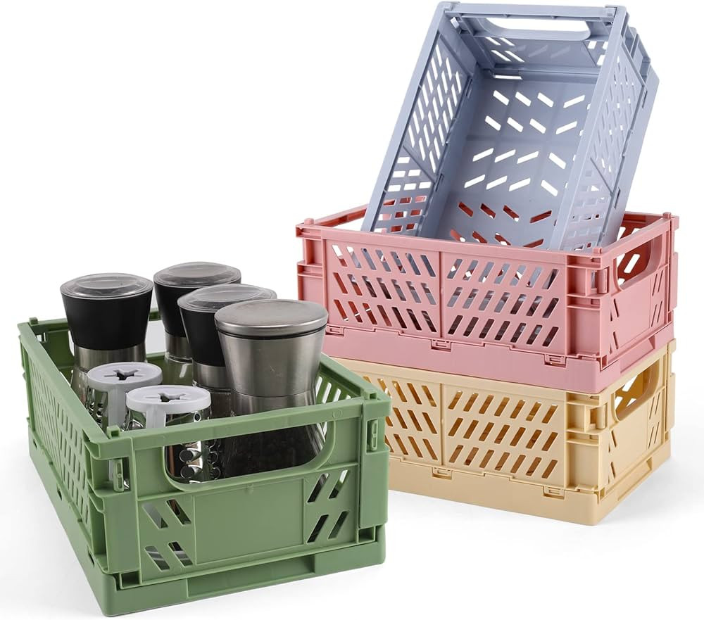 4-Pack Plastic Baskets for Shelf Storage Organizing, Durable and Reliable Folding Storage Crate, ... | Amazon (US)