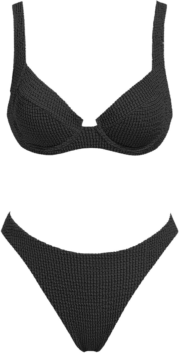 VOLAFA Women's Triangle Bikini Set Textured Push Up Underwire Solid Cheeky Two Piece Swimsuit Bat... | Amazon (US)