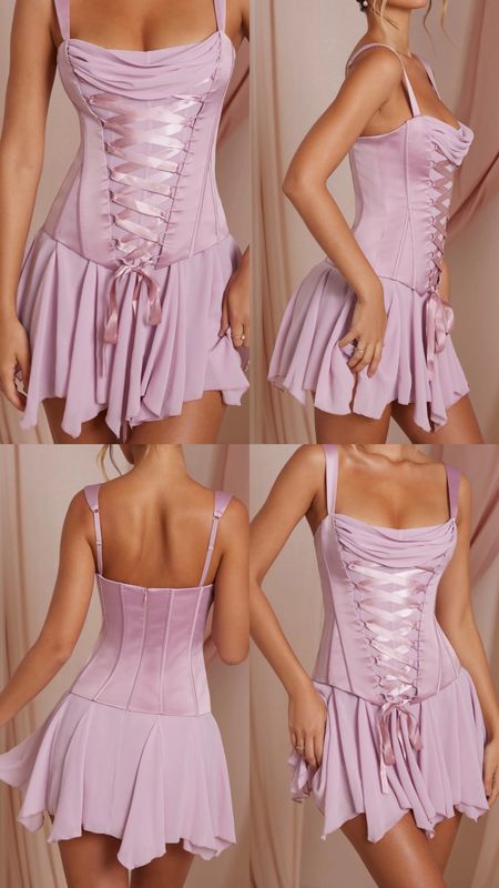 Lace Up Corset Mini Dress in pink/purple. Premium georgette fabric with chic satin detailing. Longline corset overlay (boning, hook and eye). Longline lace up corset that works to cinch your frame. On sale! Under £50. Summer, spring, date night out, brunch outfit, event, party.  Affordable fashion.  Wardrobe staple. Timeless. Gift guide idea for her. Luxury, elegant, clean aesthetic, chic look, feminine fashion, trendy look, baby shower.  Oh Polly outfit idea. 


#LTKfindsunder50 #LTKsalealert #LTKfindsunder100