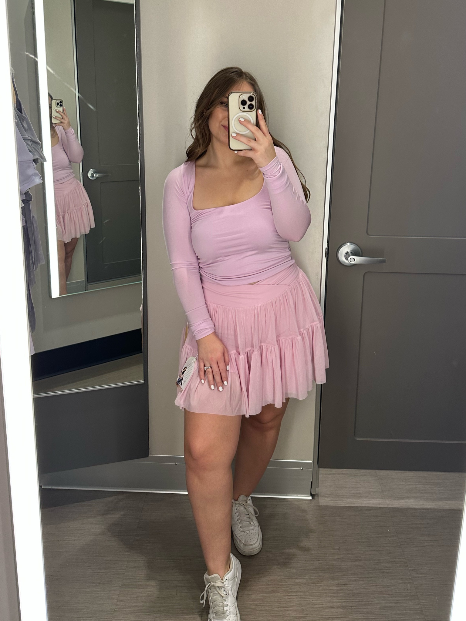 This whole outfit is giving ballet core! The skirt is so flouncy and has shorts underneath with pockets. The top has a pretty bow detail on the back and has thumb holes! Wearing a small in the top (runs large) and a large in the skirt.

#LTKActive #LTKFitness #LTKFindsUnder50