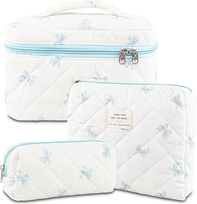 Makeup Bag, 3 PCS Quilted Makeup Bag, Cute Floral Cotton Cosmetic Bag set, Coquette Makeup Pouch ... | Amazon (US)